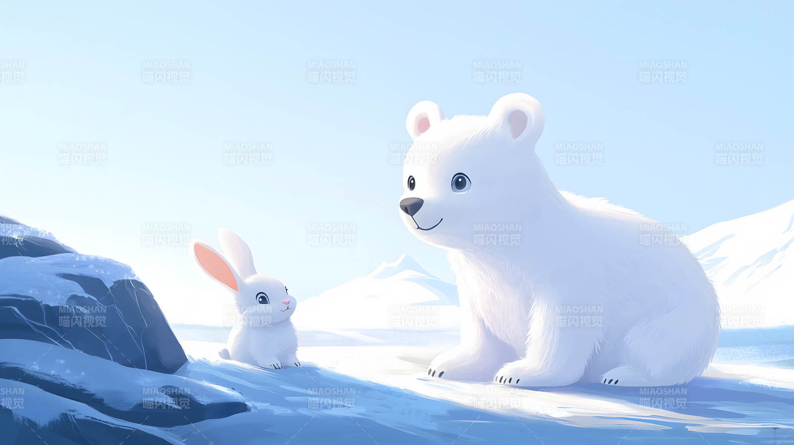 雪地中白兔与白熊对视的温馨画面图片
