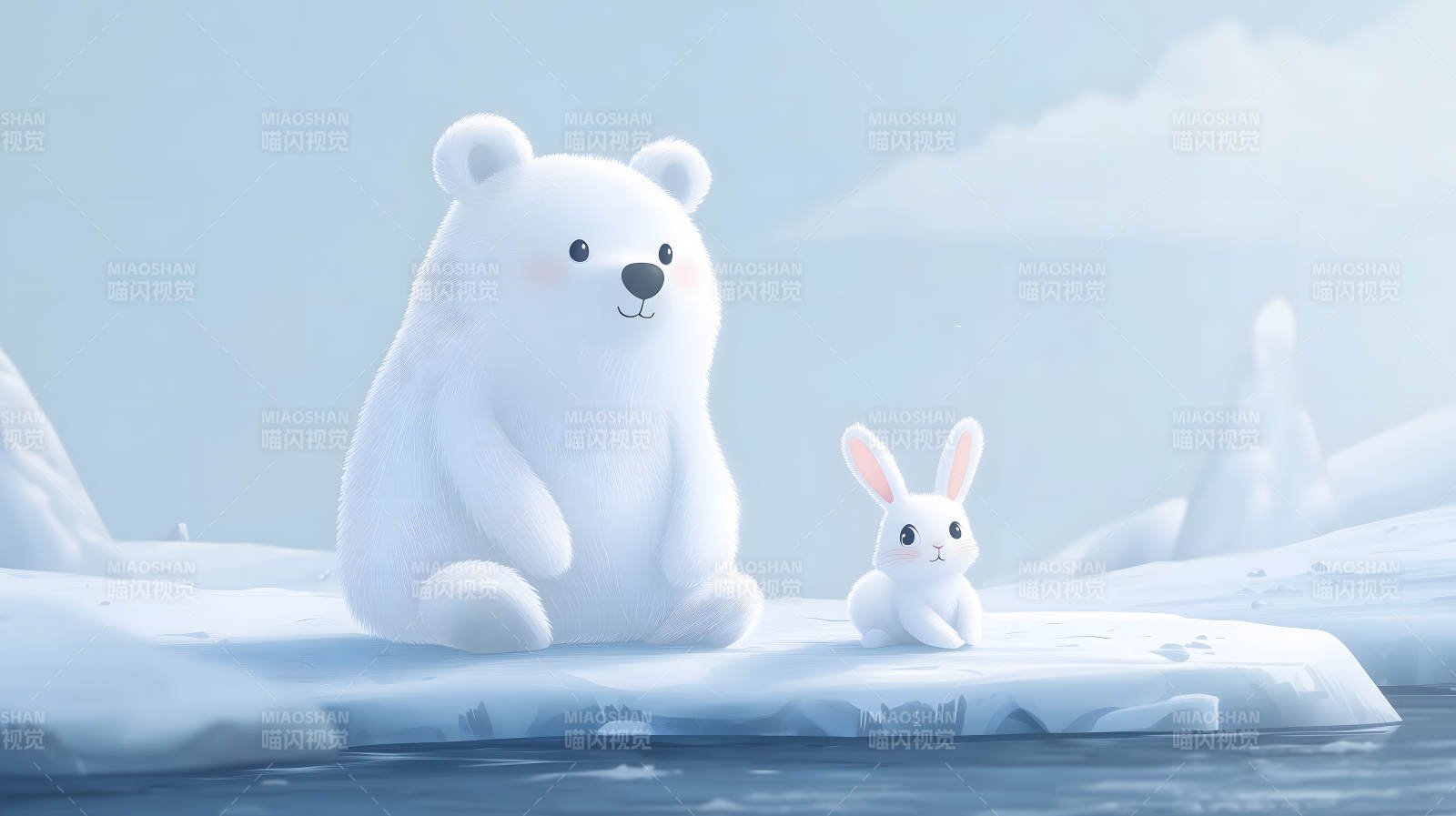 雪地中白兔与白熊对视的温馨画面图片