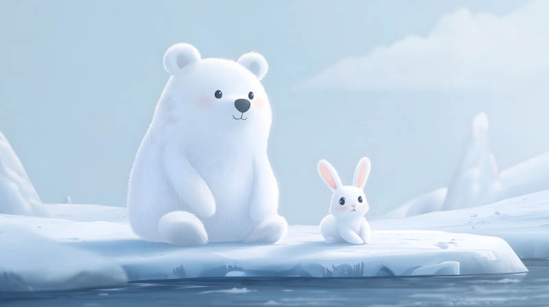 雪地中白兔与白熊对视的温馨画面图片