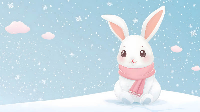 雪中戴着粉色围巾的可爱白兔形象图片