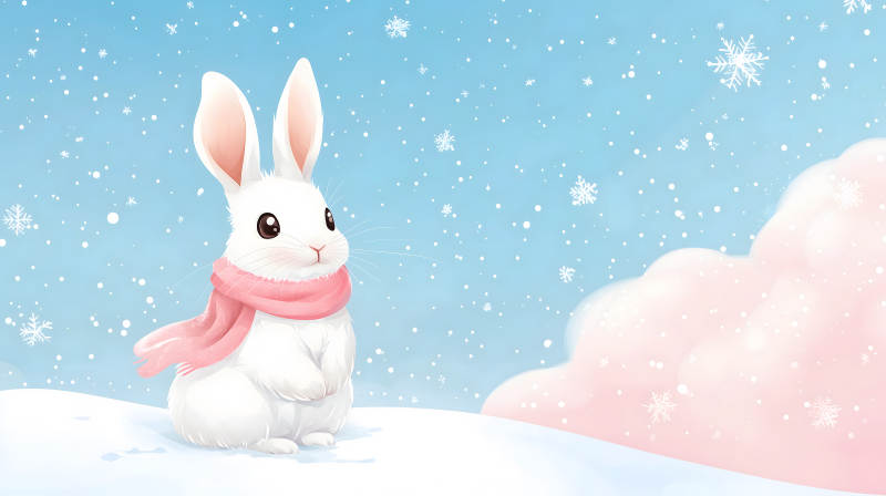 雪中戴着粉色围巾的可爱白兔形象图片