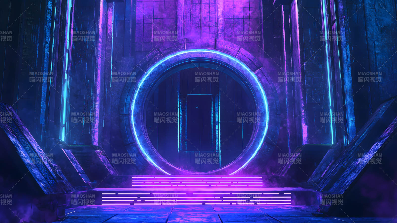 紫蓝光效下的科技感舞台展示场景图片