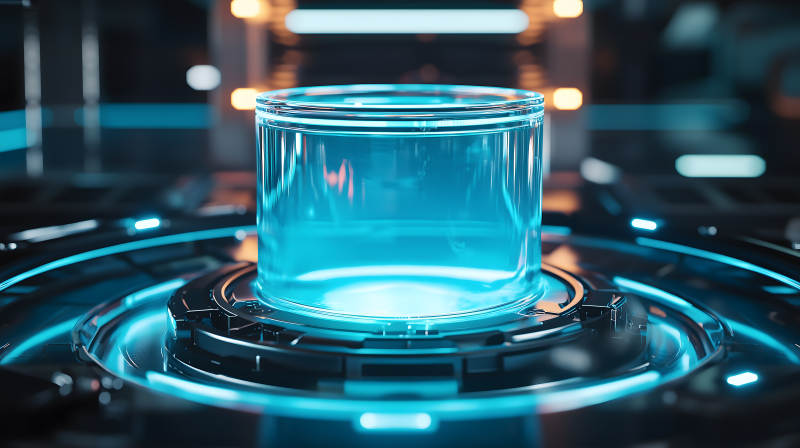 科幻舱室内带蓝光的透明圆柱展示装置图片