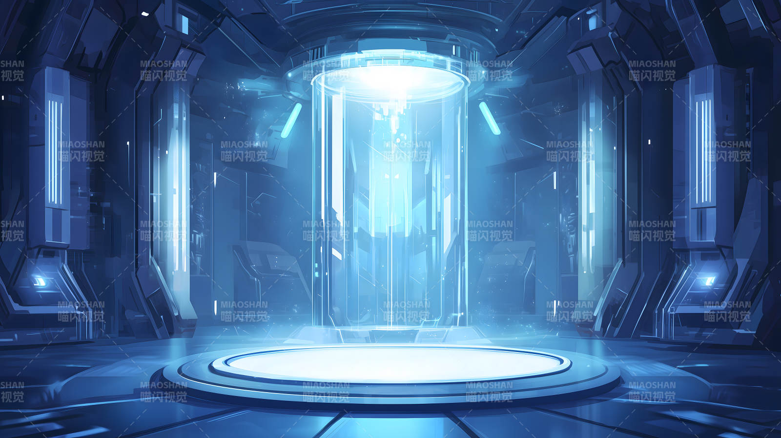 科幻舱室内带蓝光的透明圆柱展示装置图片