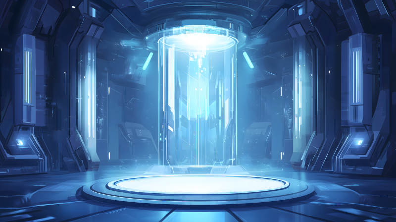 科幻舱室内带蓝光的透明圆柱展示装置图片