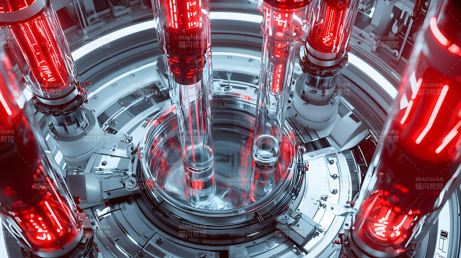 科技感十足的装置内红色发光柱场景图片