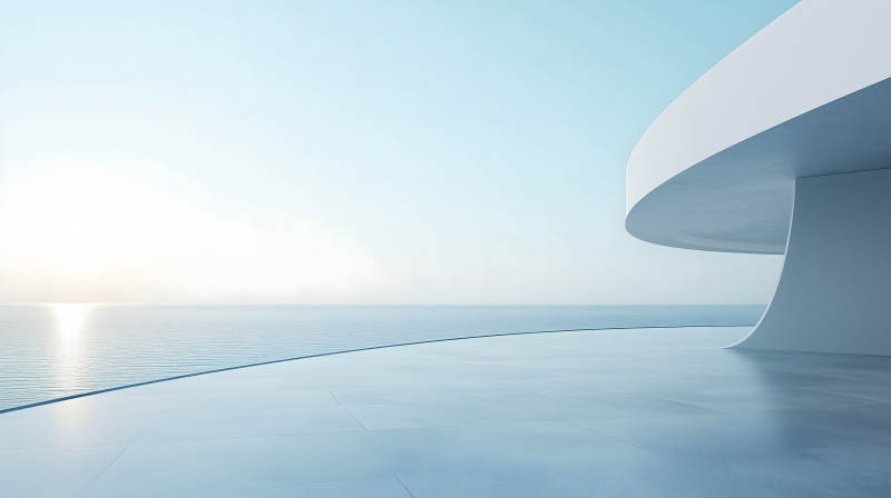 极简白色建筑旁的开阔海景平台图片