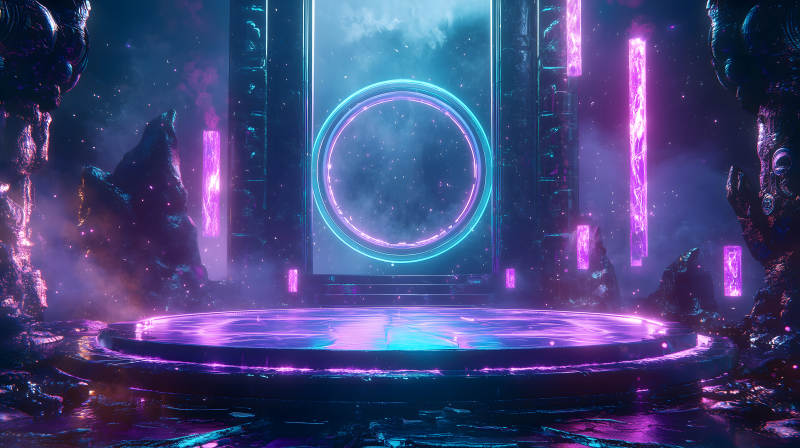 紫蓝光效下的科技感舞台展示场景图片