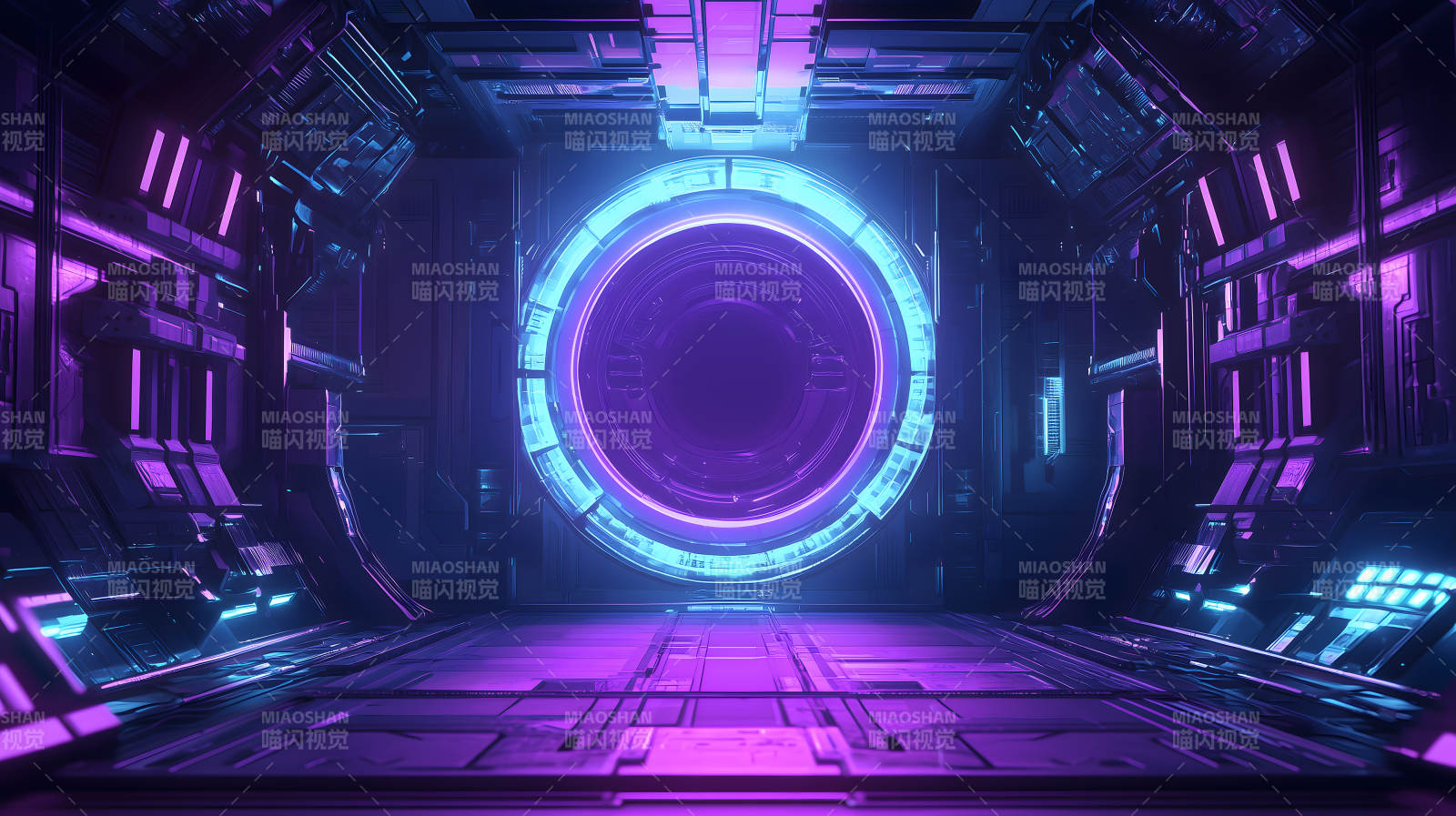 紫蓝光效下的科技感舞台展示场景图片