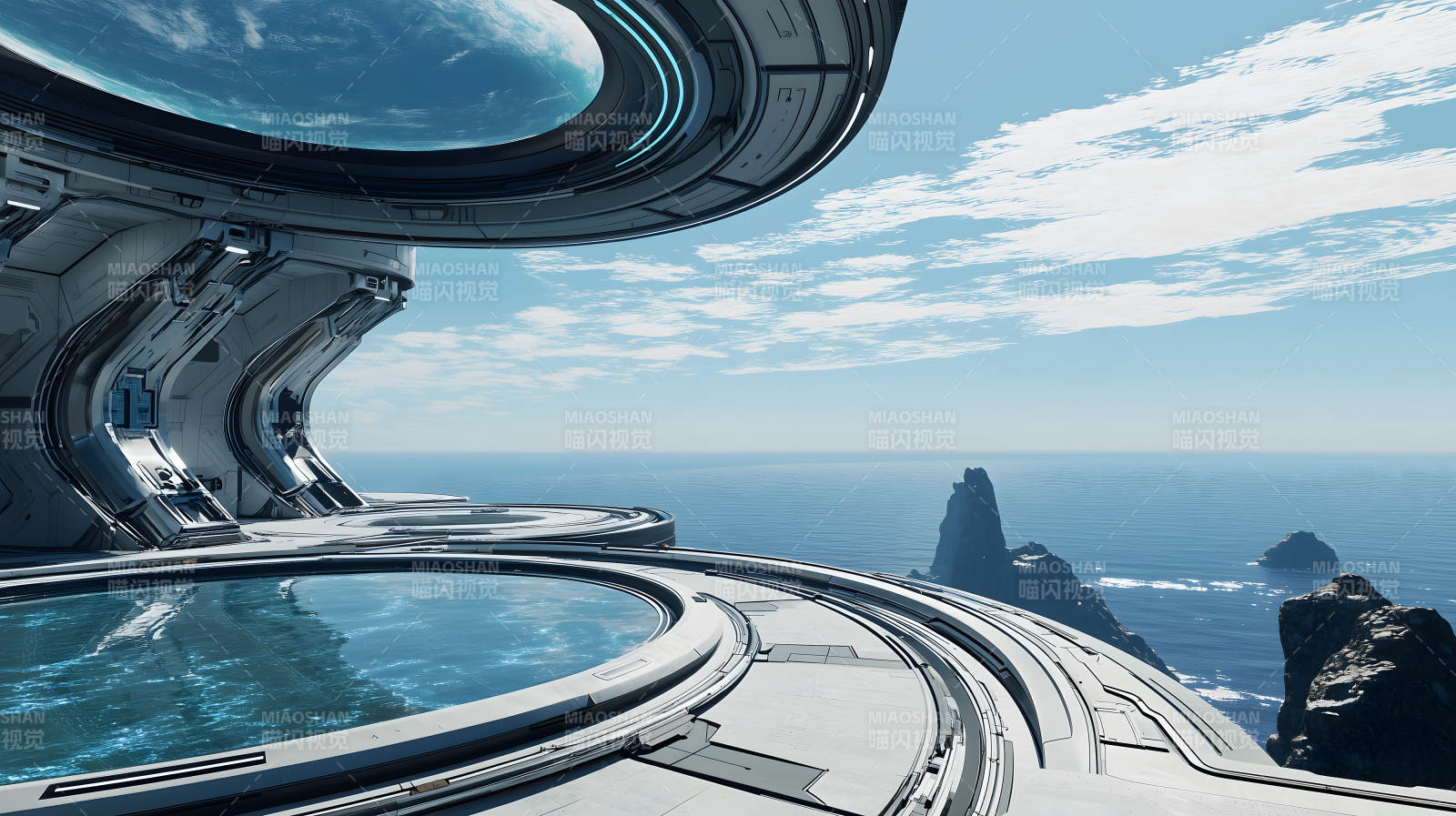 未来感建筑旁俯瞰海洋与岛屿的景致图片