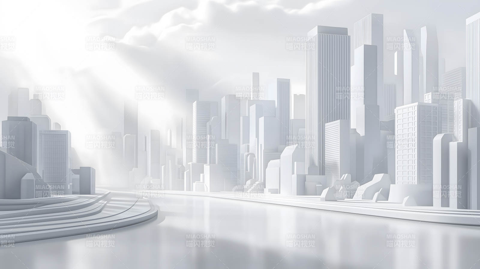 光影笼罩下的极简风格白色城市景观图片