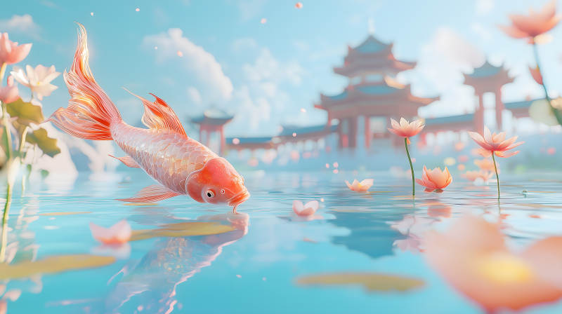 荷花池中色彩艳丽的锦鲤悠游画面图片