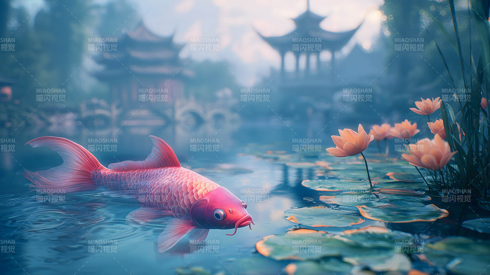 荷花池中色彩艳丽的锦鲤悠游画面图片