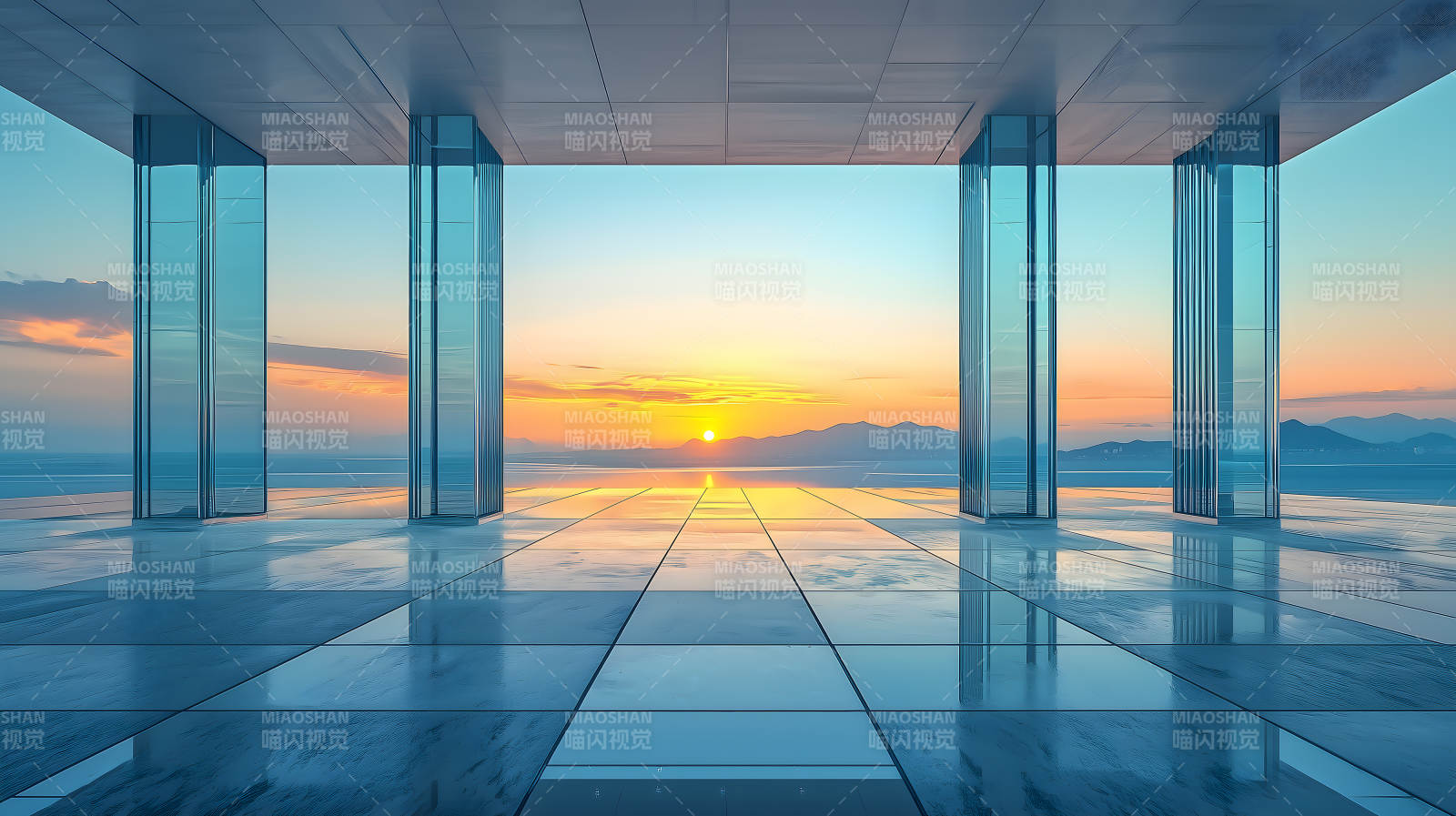 玻璃建筑内观日落海景的开阔场景图片