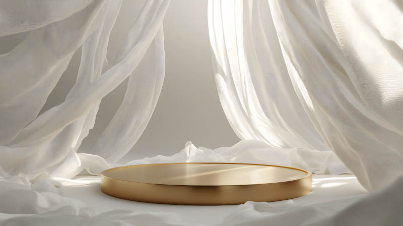 白色背景旁带金色圆环的展示台图片