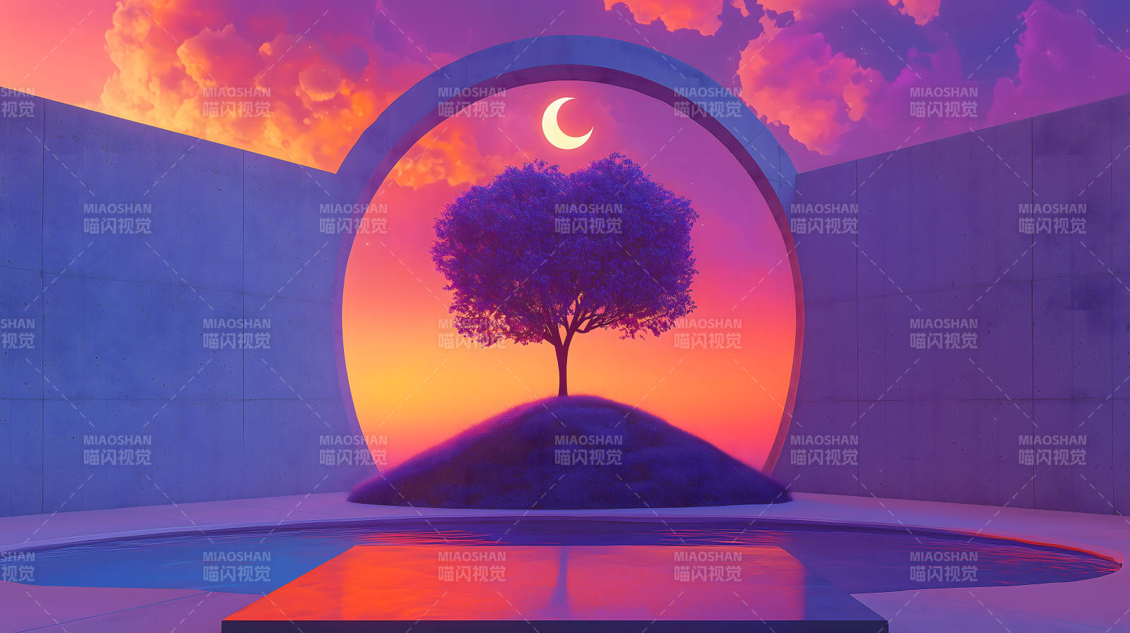 圆框树影水景图片