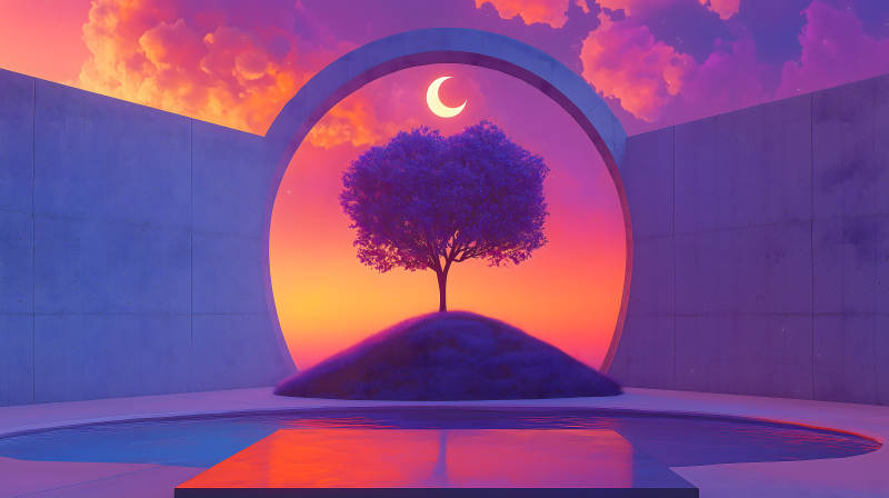 圆框树影水景图片