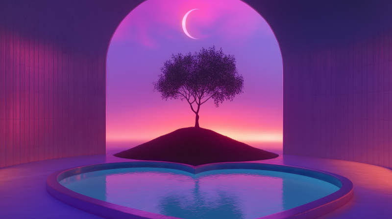 圆框树影水景图片