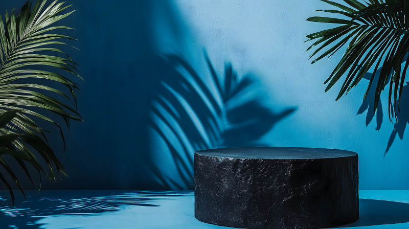 蓝色背景中带棕榈叶的黑色大理石展台图片