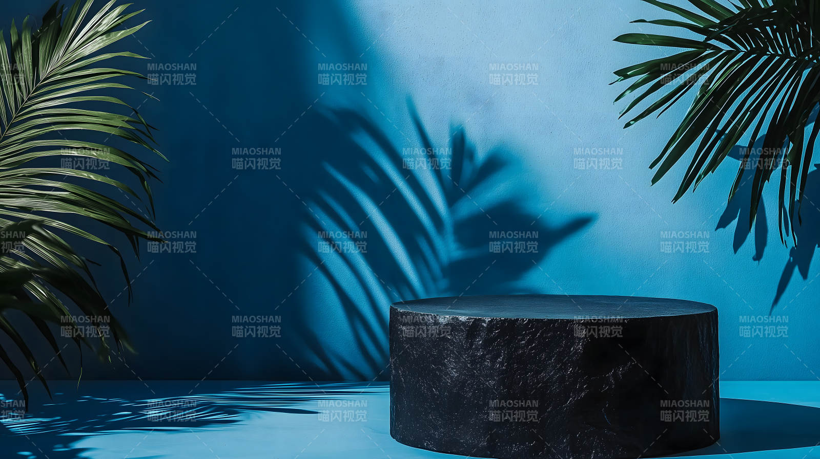 蓝色背景中带棕榈叶的黑色大理石展台图片