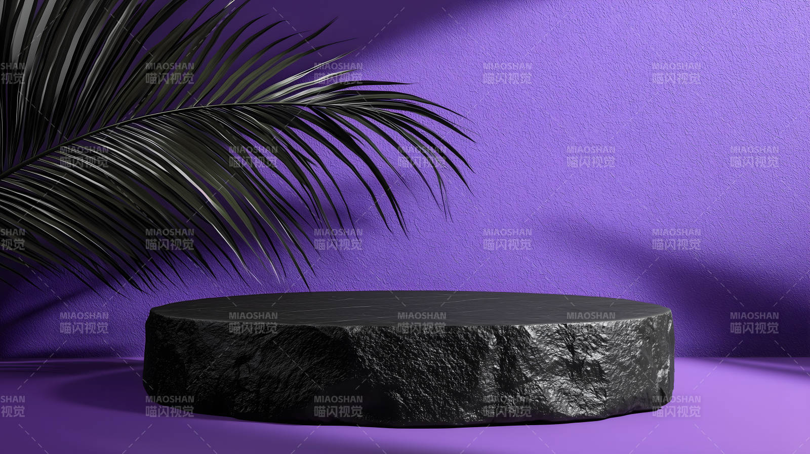 紫色背景配棕榈叶的黑色圆形展台图片