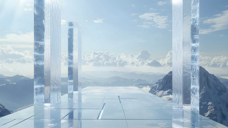 雪山间透明立柱与平台构成的冷冽景致图片