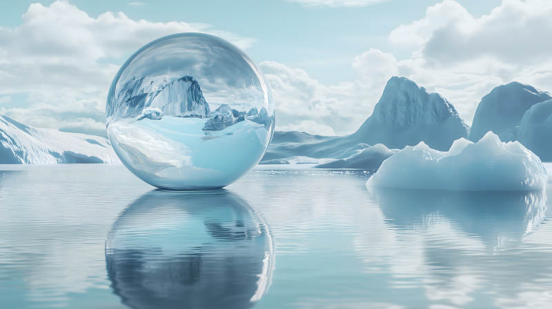 冰川水面上巨大透明且映景的水晶球图片