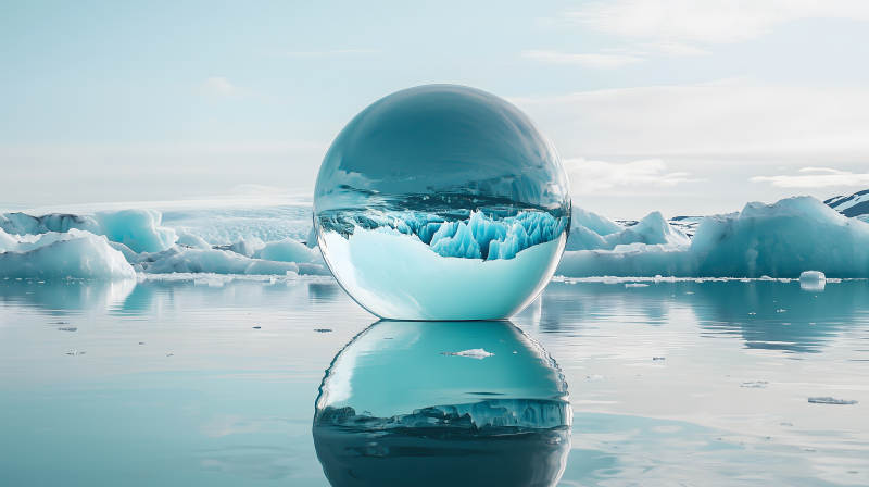 冰川水面上巨大透明且映景的水晶球图片