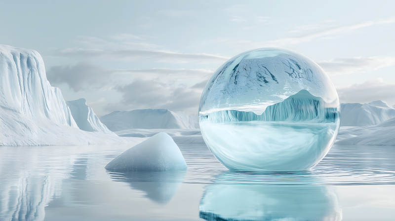 冰川水面上巨大透明且映景的水晶球图片
