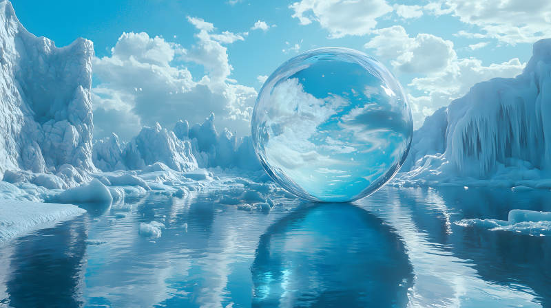 冰川水面上巨大透明且映景的水晶球图片
