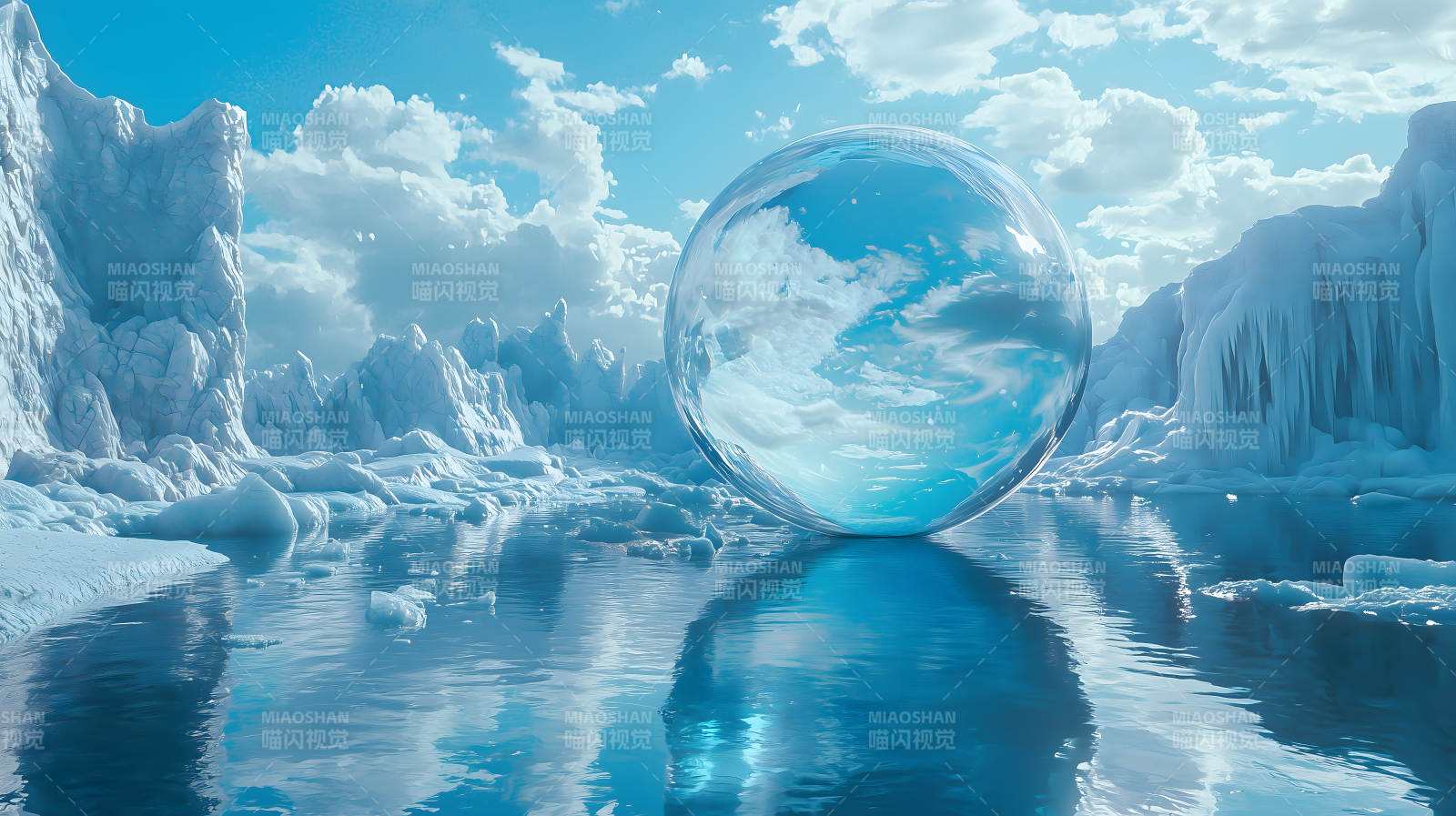 冰川水面上巨大透明且映景的水晶球图片