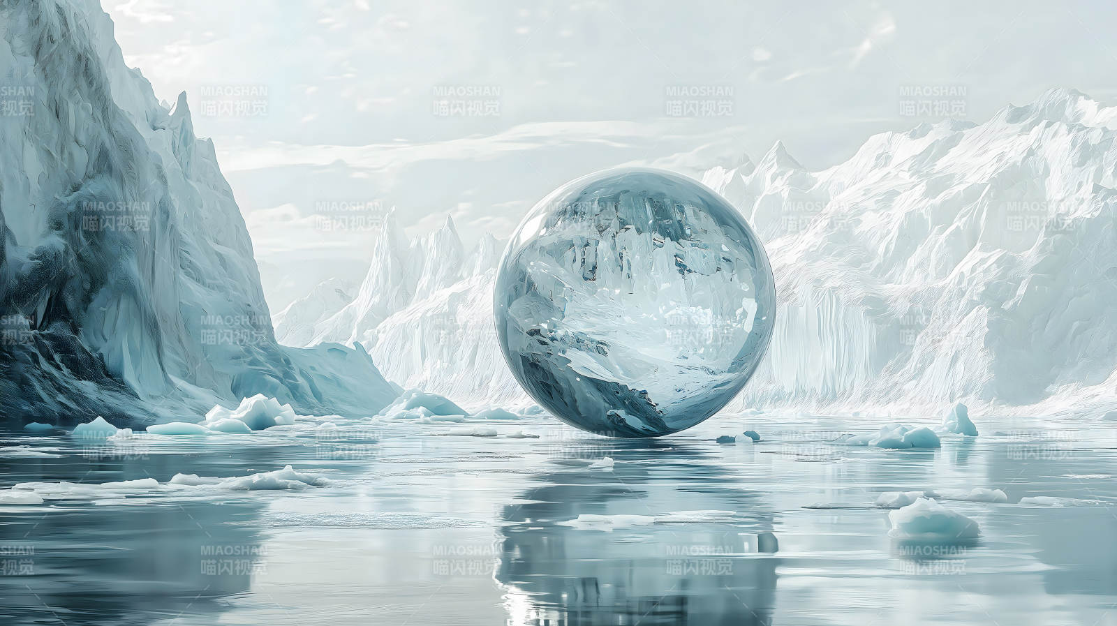 冰川水面上巨大透明且映景的水晶球图片