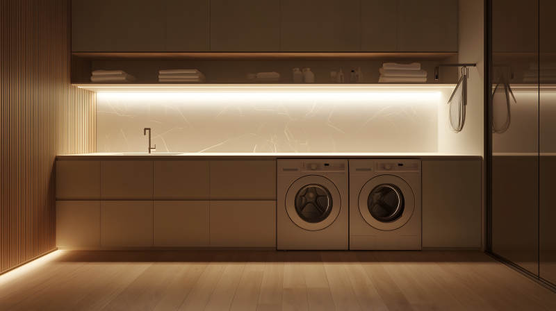 暖光营造的简约木质洗衣房空间图片