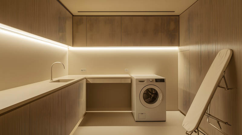 暖光营造的简约木质洗衣房空间图片