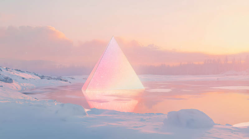 雪地上空粉色渐变金字塔的梦幻景象图片