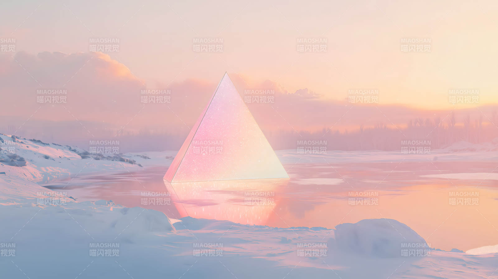雪地上空粉色渐变金字塔的梦幻景象图片