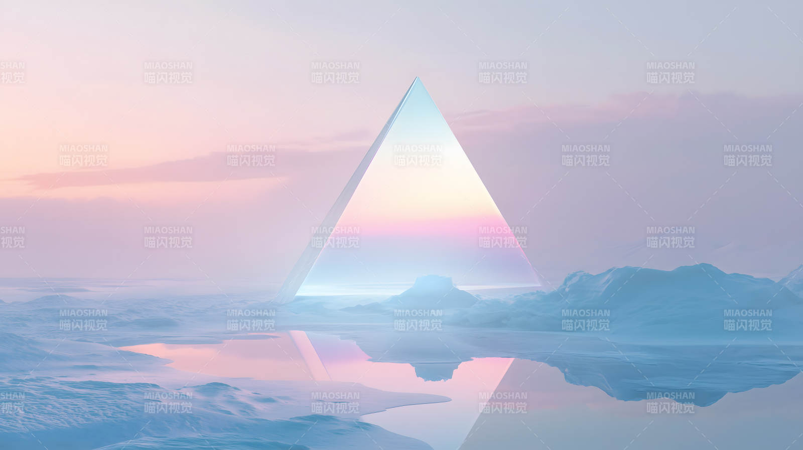 雪地上空粉色渐变金字塔的梦幻景象图片