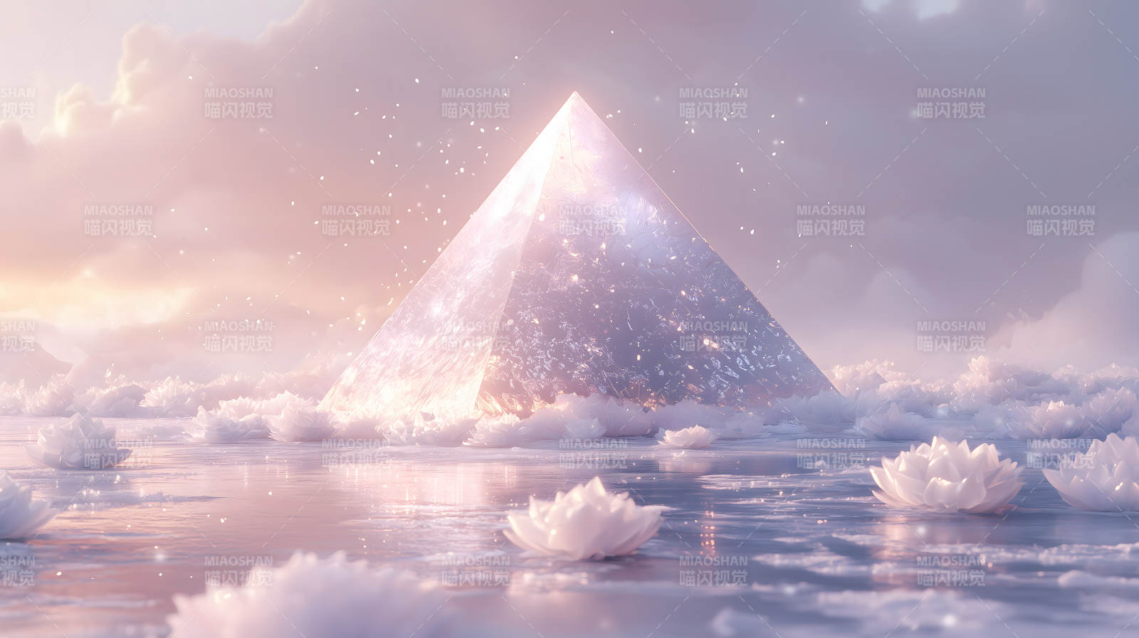雪地上空粉色渐变金字塔的梦幻景象图片