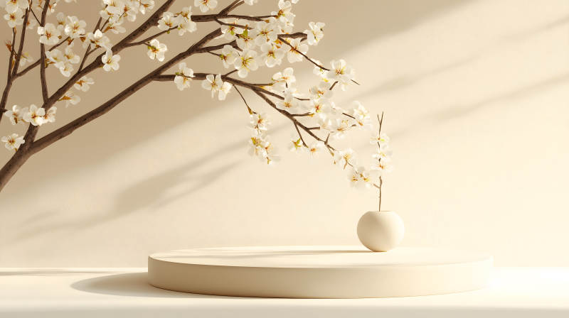 米白色背景中带白色花枝的圆形展台图片