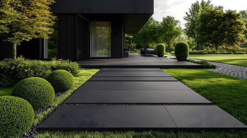 现代黑建筑搭配绿篱草坪的户外景致图片