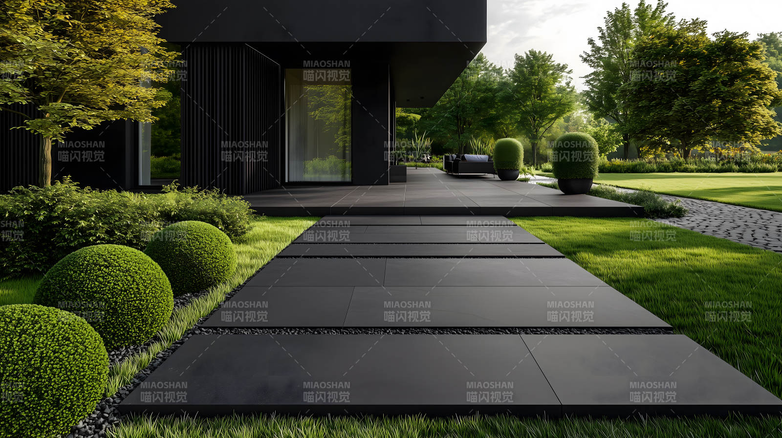 现代黑建筑搭配绿篱草坪的户外景致图片