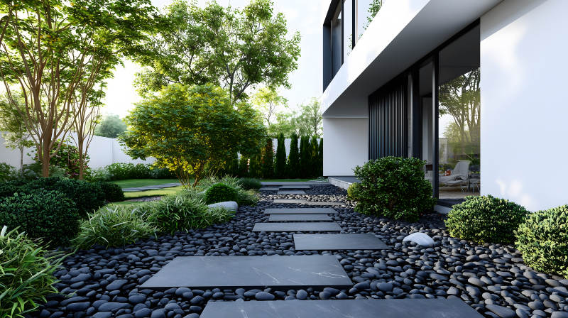 现代黑建筑搭配绿篱草坪的户外景致图片