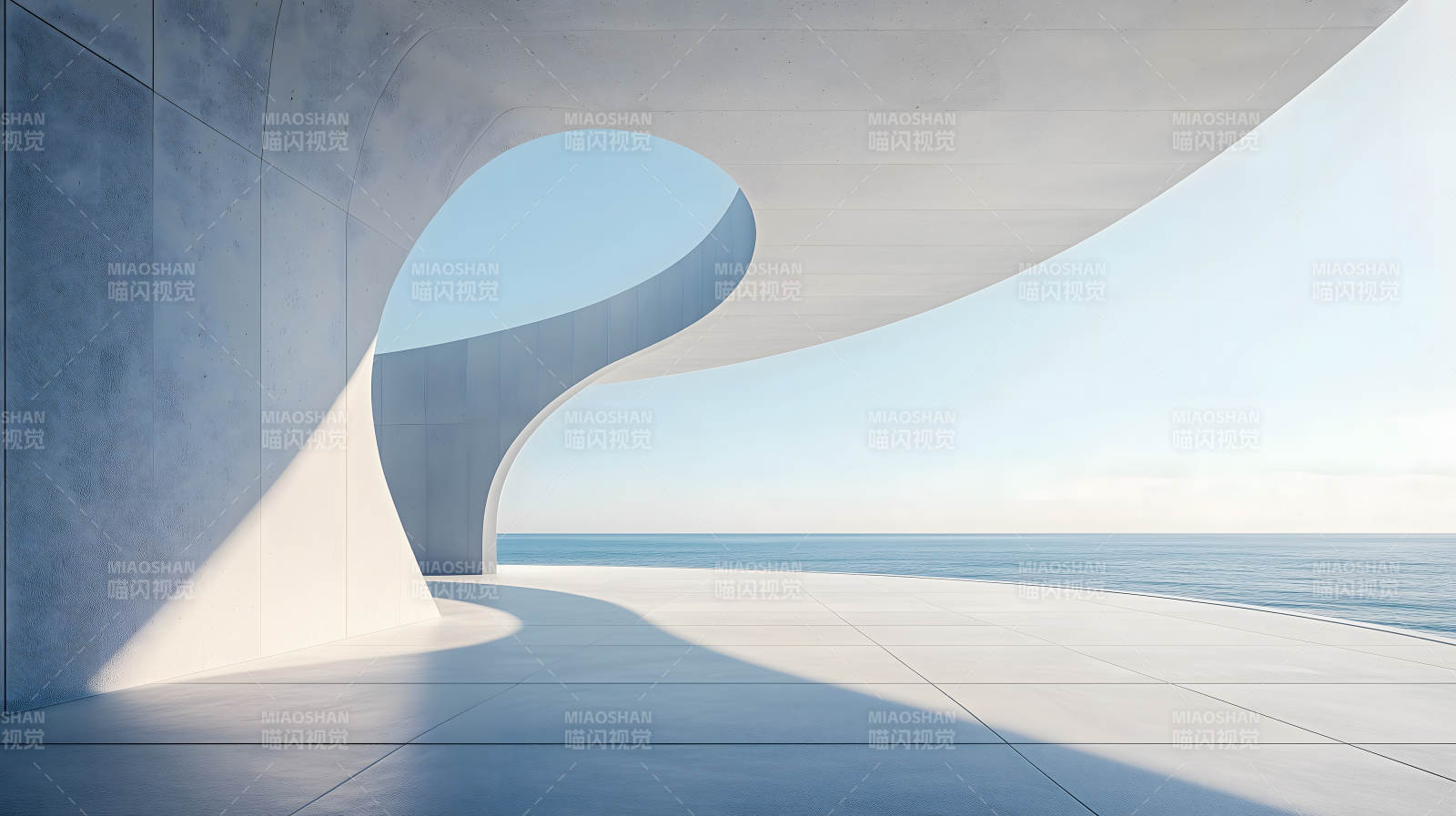 极简白色建筑旁的开阔海景平台图片