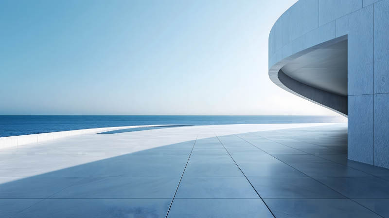 极简白色建筑旁的开阔海景平台图片