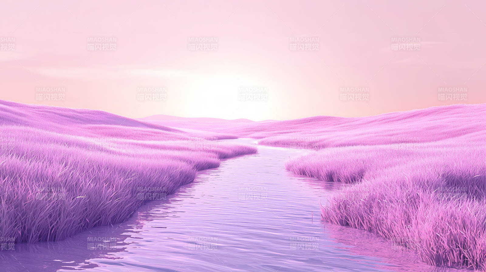 粉草地溪流景图片