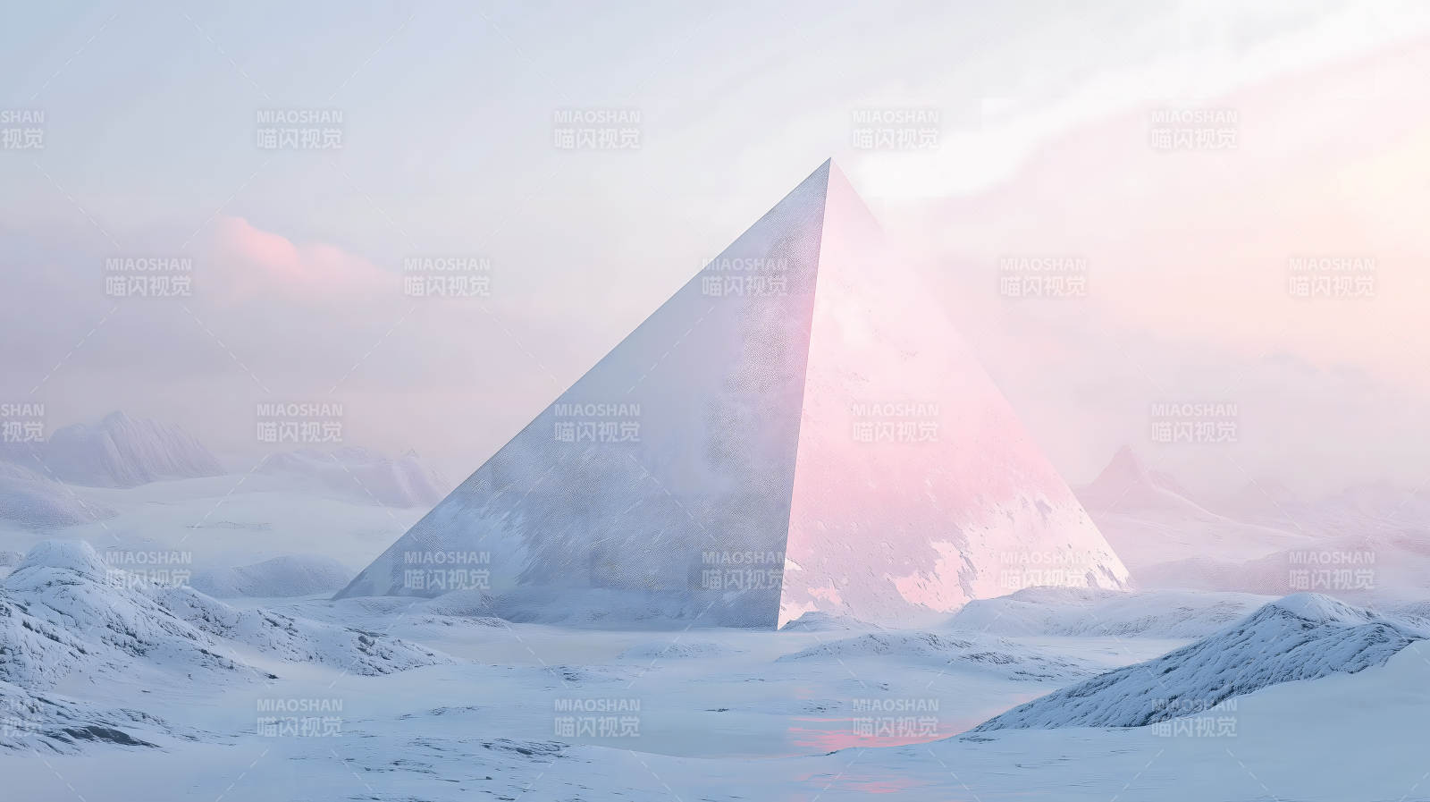 雪地上空粉色渐变金字塔的梦幻景象图片