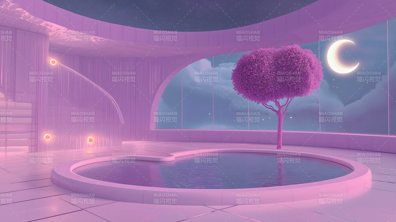 圆框树影水景图片