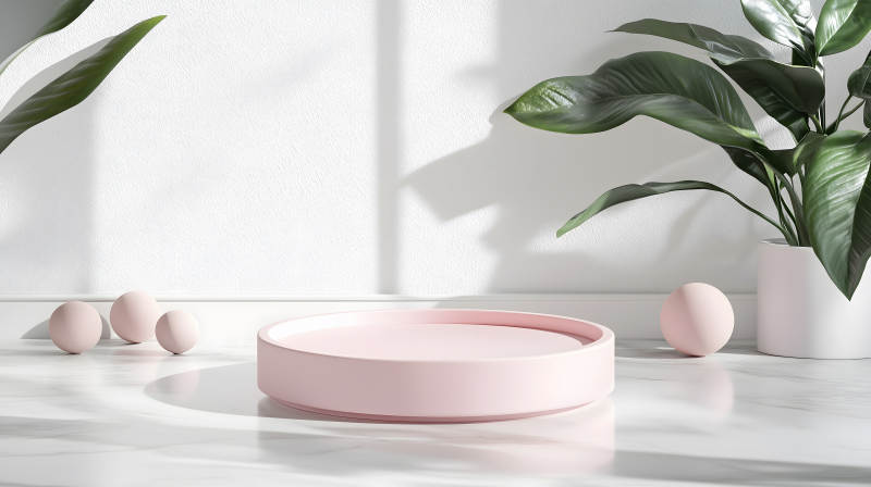 浅色调场景中的粉色圆形展示台图片