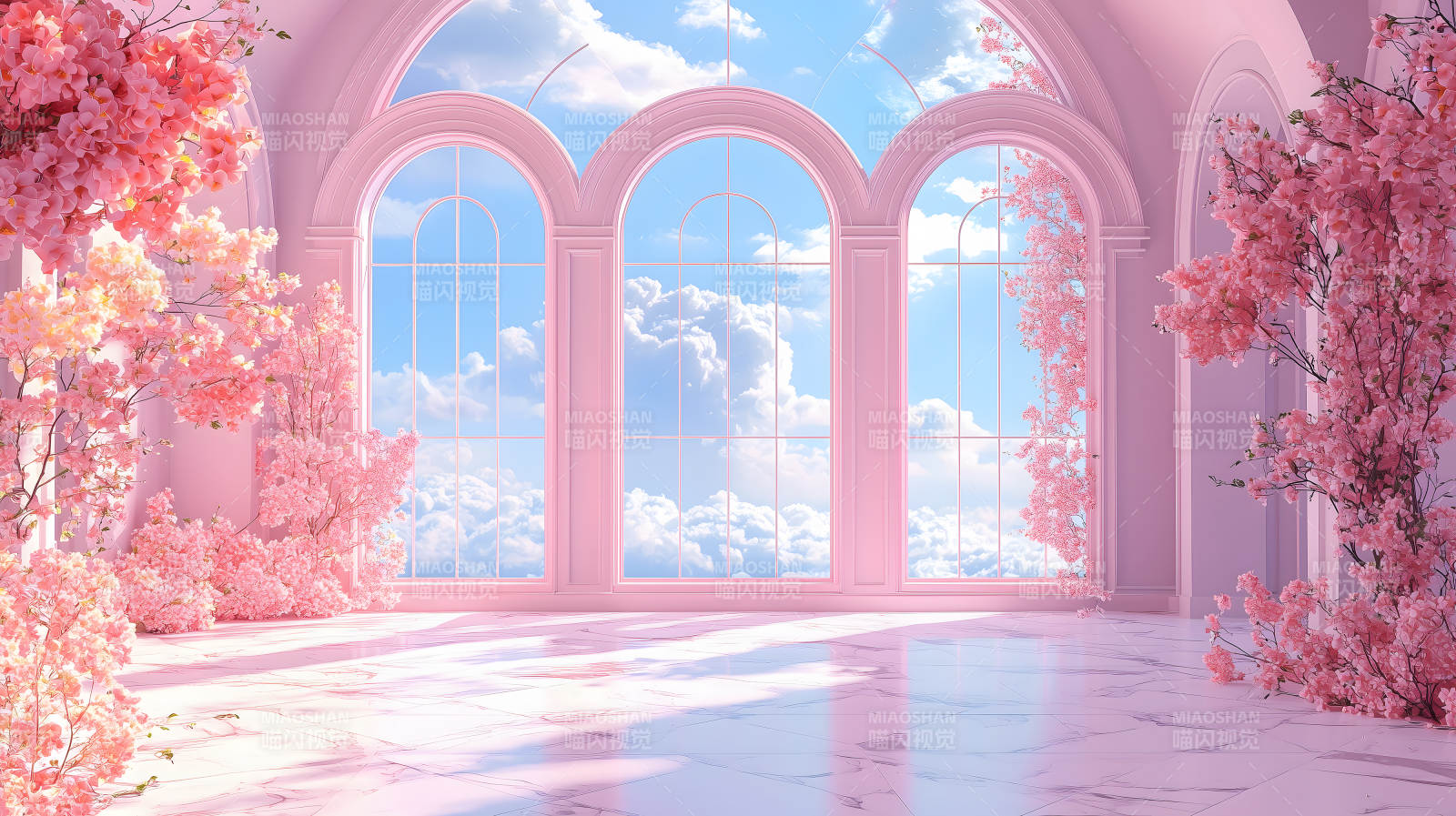 粉色调室内拱窗映天图片