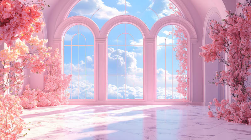 粉色调室内拱窗映天图片